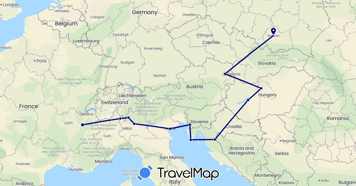 TravelMap itinerary: driving in Austria, France, Croatia, Hungary, Italy, Poland (Europe)